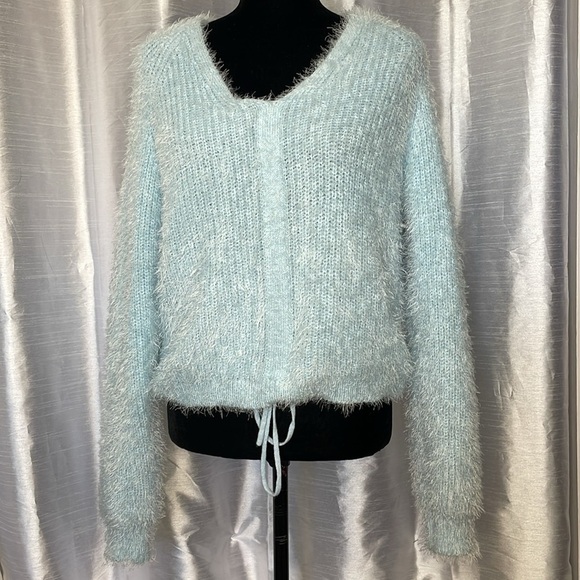 Rue 21 Women’s L V Neck Eyelash Fuzzy Long Sleeve Cinch Acrylic Blend Sweater - Picture 5 of 8